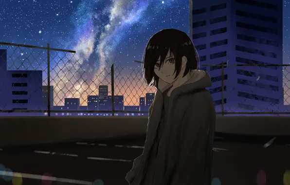 Roof, the sky, girl, night, the city, the milky way, Sketcher