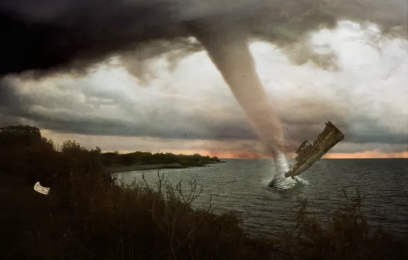 Sea, clouds, ship, tornado, hurricane, the ship