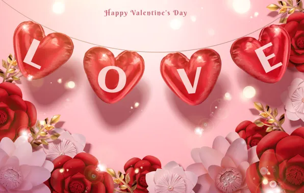 Flowers, holiday, Love, hearts, Valentines Day