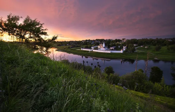 Picture landscape, nature, river, dawn, morning, the monastery, Bank, Volga