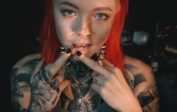 Girl, piercing, tattoo, Andrey Vasilyev, fiery red