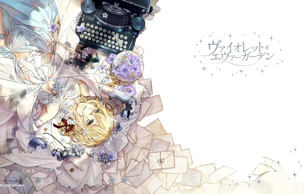 Characters, typewriter, blue eyes, art, violet, letters, envelopes, Violet Evergarden