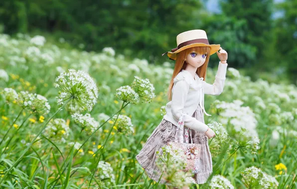 Flowers, nature, toy, hat, doll, anime, dress, bag