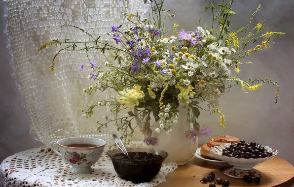 Flowers, tea, chamomile, bouquet, still life, currants, jam, bun