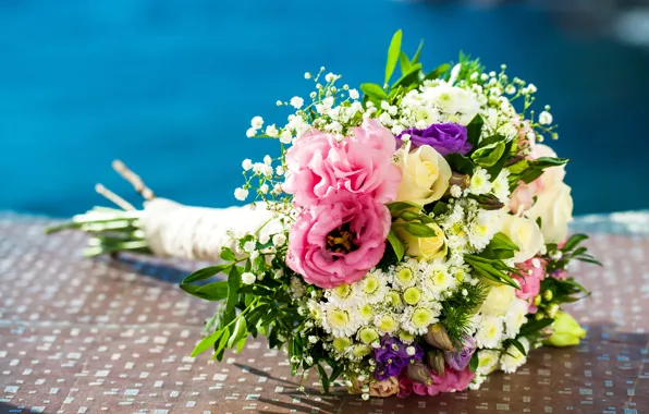 Picture flowers, roses, chamomile, bouquet, eustoma