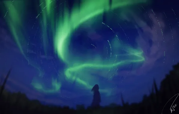 Picture girl, night, Northern lights, silhouette