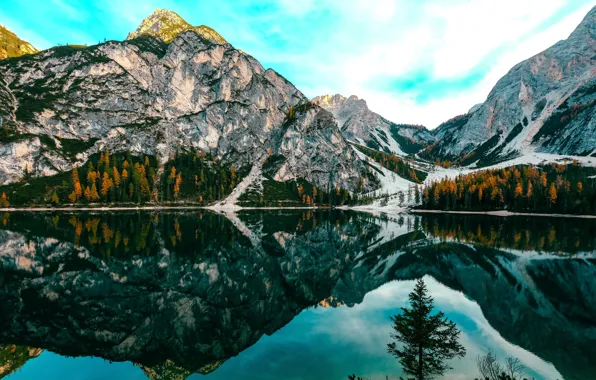 Autumn, forest, mountains, reflection, pond