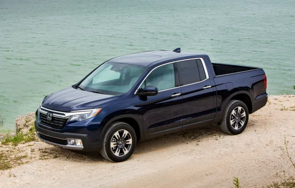 Honda, pickup, on the shore, dark blue, Ridgeline, 2019