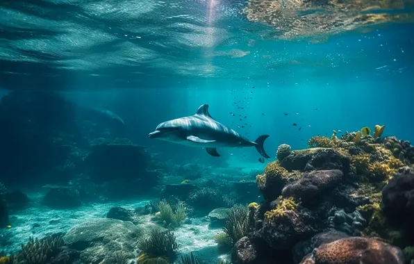 Sea, Dolphin, corals, underwater world, AI art, neural network