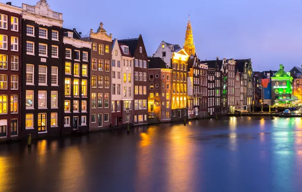 Night, city, the city, lights, lights, river, Amsterdam, panorama