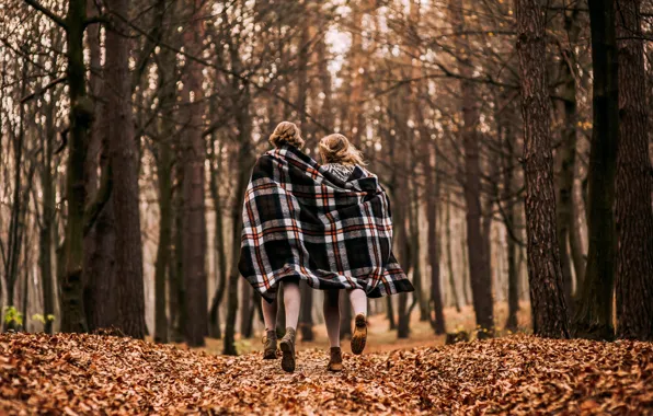Autumn, forest, girls, plaid, cold