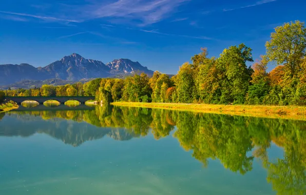 Autumn, trees, mountains, bridge, reflection, river, Germany, Bayern