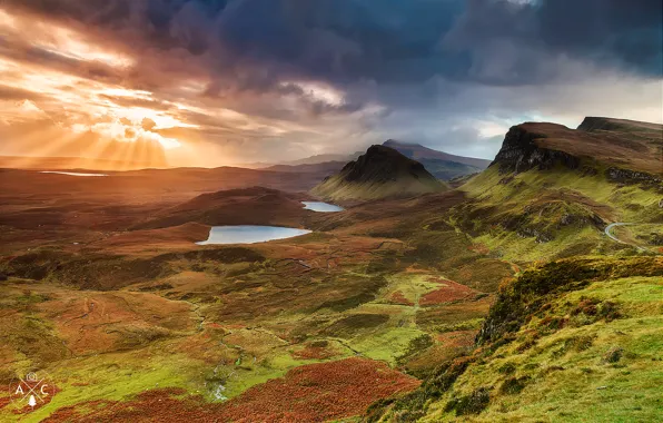 The sky, the sun, clouds, rays, light, mountains, hills, the evening