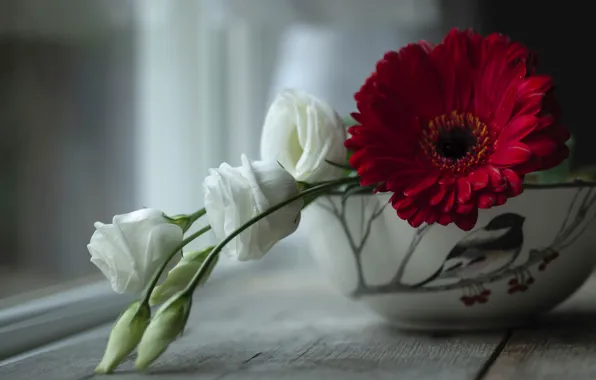 Flowers, bird, figure, Board, bouquet, window, sill, bowl