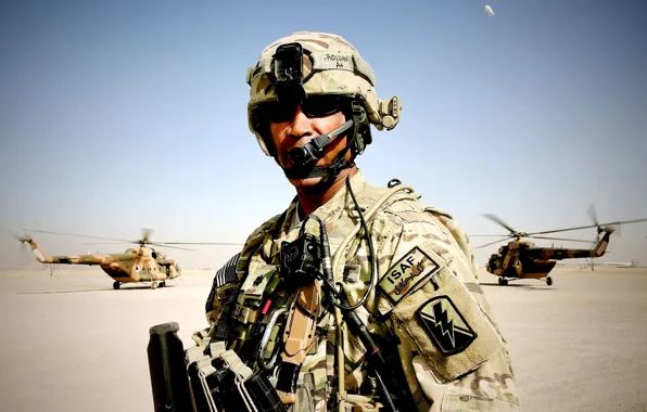 Picture the airfield, officer, helicopters, Afghanistan, equipment, soldier