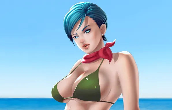 Girl, sexy, cleavage, sea, boobs, anime, blue eyes, beautiful