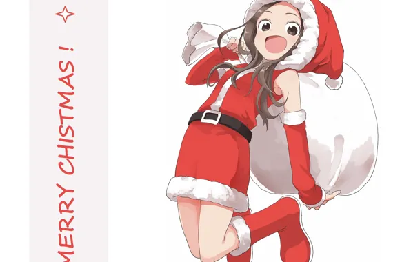 Joy, jump, boots, strap, art, cap, Merry Christmas, a bag with gifts