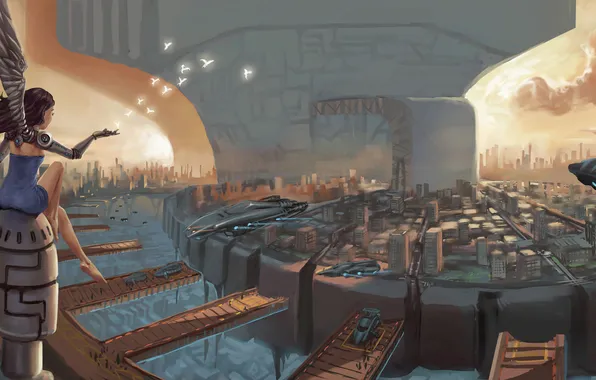Girl, the city, transport, ship, robot, wings, art, boarts