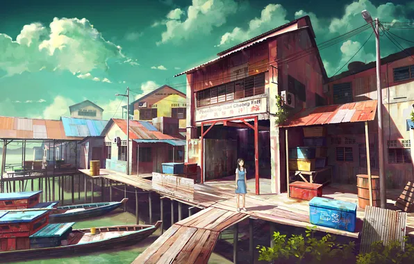 The sky, girl, clouds, the city, home, boats, anime, pier