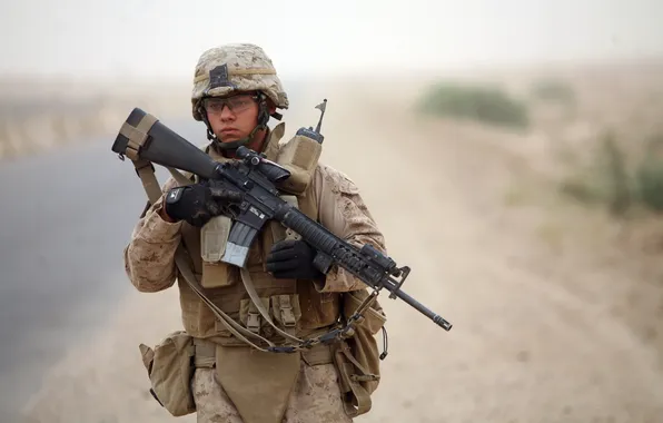 Road, weapons, soldiers