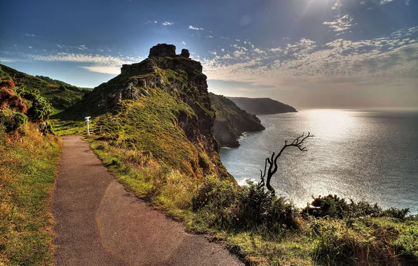Sea, rocks, coast, track, UK, the rays of the sun, Exmoor National Park