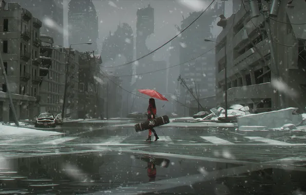 Cold, winter, the wreckage, girl, snowfall, postapokalipsis, red umbrella, case