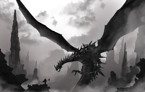 Figure, Dragon, Wings, Landscape, Art, Fiction, Landscapes, Digital Art