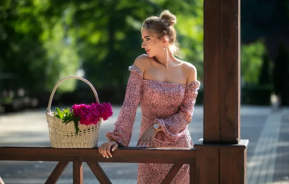 Girl, flowers, pose, dress, neckline, basket, shoulders, Dmitry Shulgin