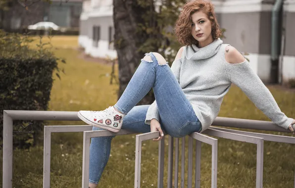 Girl, beautiful, jeans, redhead, long-haired, sneakers, sweater