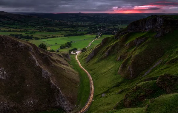 Road, summer, the sky, sunset, mountains, clouds, rocks, hills