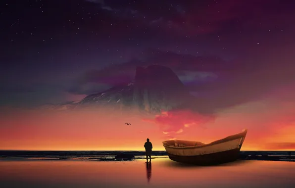 Sea, Stars, Mountain, People, Boat, Shore, Dawn, Silhouette