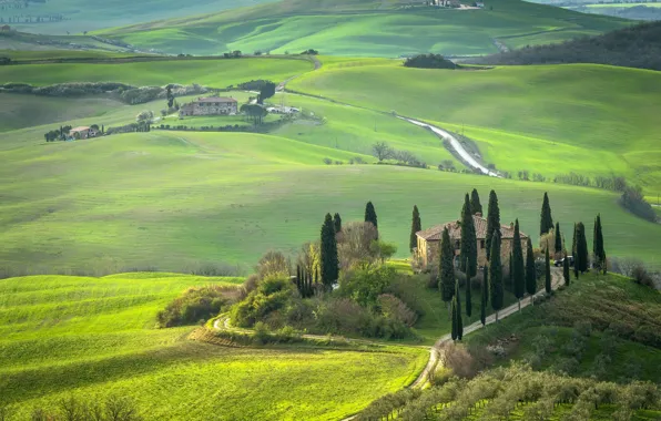 Road, summer, house, hills, the slopes, field, dal, Italy
