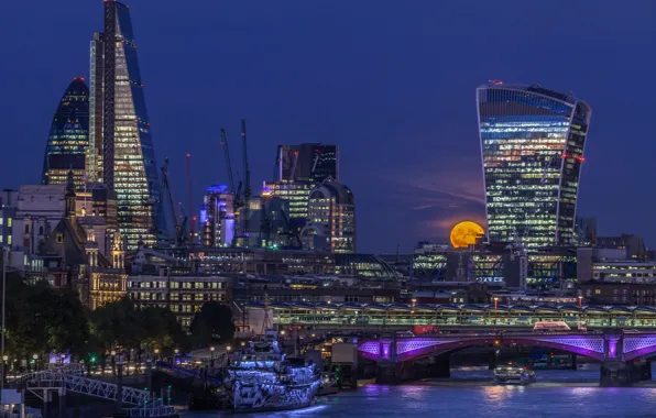 Night, lights, England, London, tower, The moon