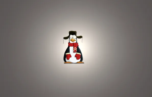 Picture minimalism, scarf, penguin, light background, ushanka, uruski, penguin