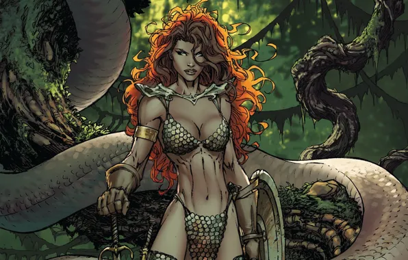 Picture girl, sword, fantasy, snake, trees, weapon, comics, redhead