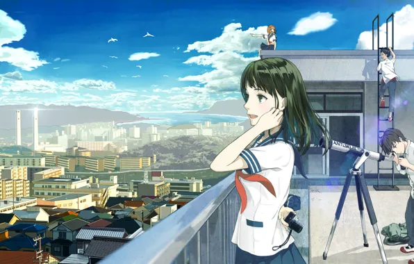 Picture roof, the sky, clouds, the city, girls, home, anime, art
