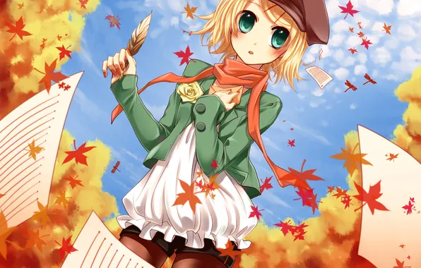 Picture autumn, leaves, paper, pen, shorts, rose, scarf, art