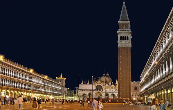 Night, lights, people, Italy, Venice, The Cathedral Of St. Mark, Campanile, St. Mark's Square