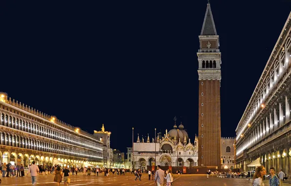 Night, lights, people, Italy, Venice, Campanile, the Cathedral of St. Mark, St. Mark's square