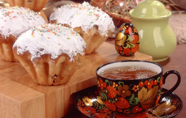 Picture holiday, tea, egg, Easter, Khokhloma, cake, Easter, topping
