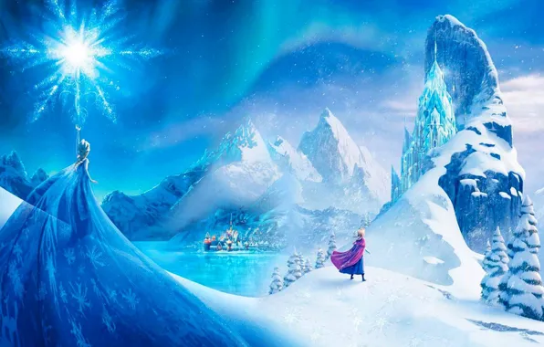 Picture snow, mountains, the city, star, ice, Frozen, Princess, Anna