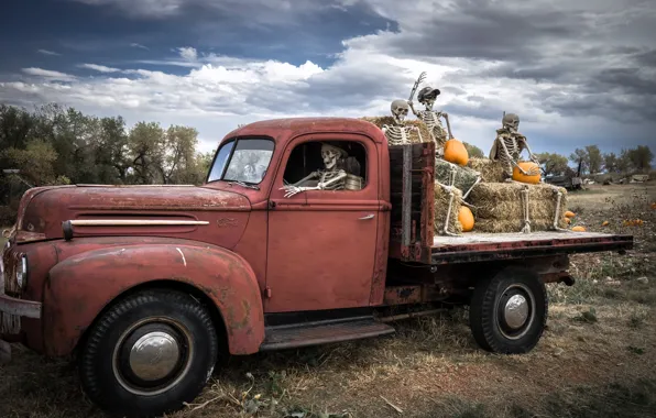 Ford, Ford, truck, pumpkin, Halloween, Halloween, skeletons, Ghost riders
