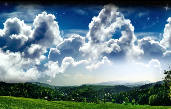 The sky, clouds, trees, Hills