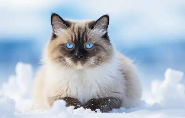 Winter, cat, look, snow, kitty, face, Siamese, ragdoll