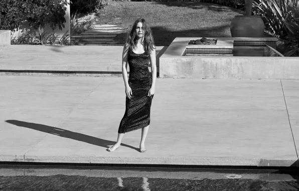 Look, girl, pose, shadow, pool, figure, black and white, Lily Collins