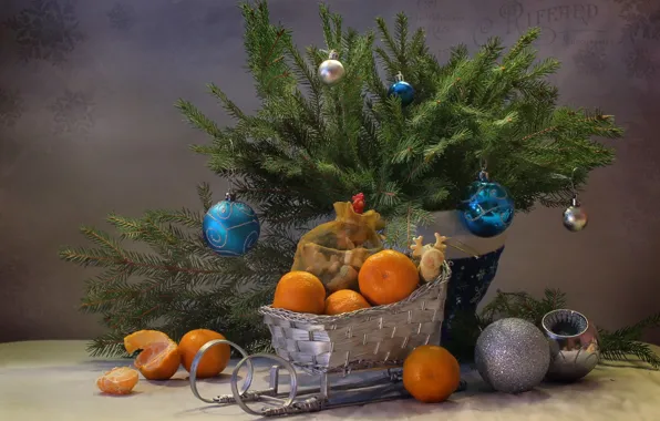 Toys, spruce, sleigh, tangerines