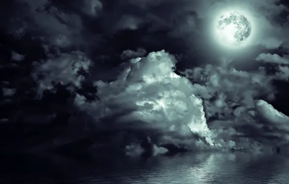 Sea, the sky, clouds, light, landscape, night, the moon