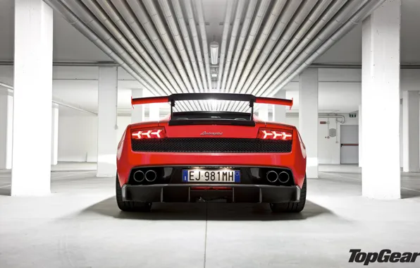Picture red, pipe, Lamborghini, lights, columns, supercar, spoiler, Gallardo