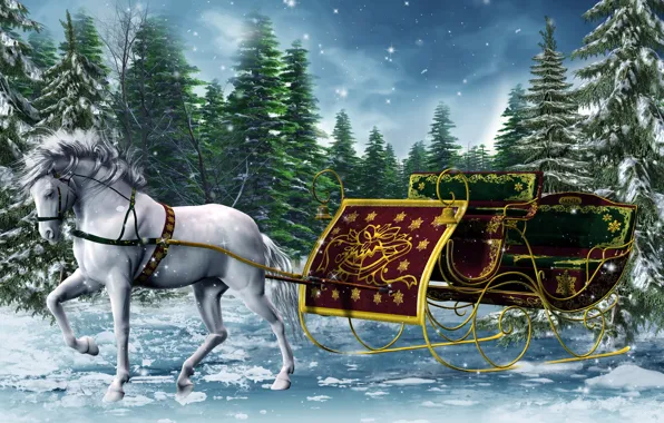 Winter, horse, graphics, new year, ate, sleigh