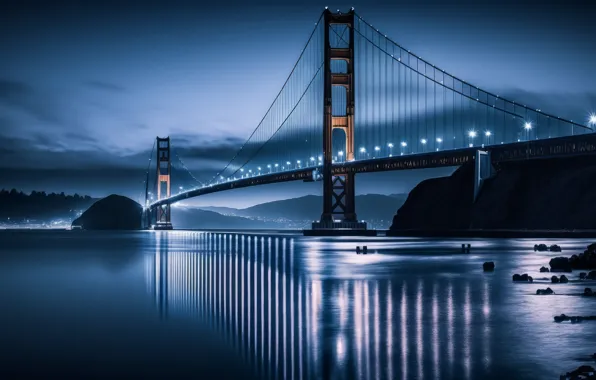 Picture art, Blue hour, Golden Gate Bridge, water